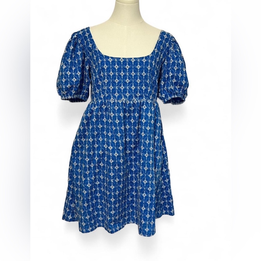 Rhode Cottagecore Cotton Mini Dress – Blue Eyelet with White Embroidery - small